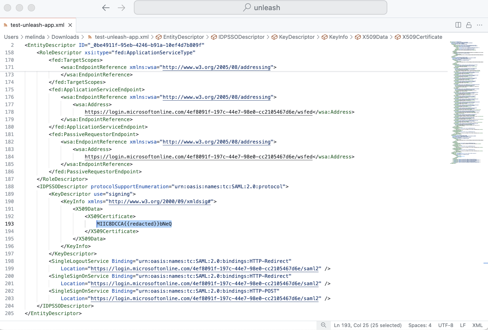 X509 Certificate from the SAML certificate XML file